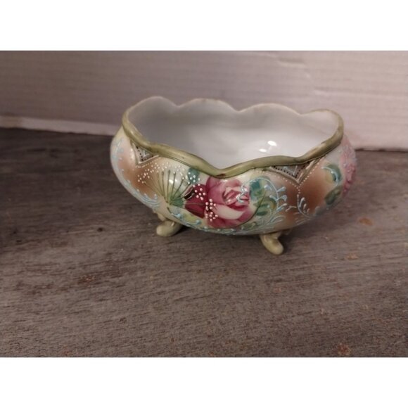 Antique Moriage Noritake Hand-Painted Footed Porcelain Bowl With Floral Design & - Picture 3 of 9